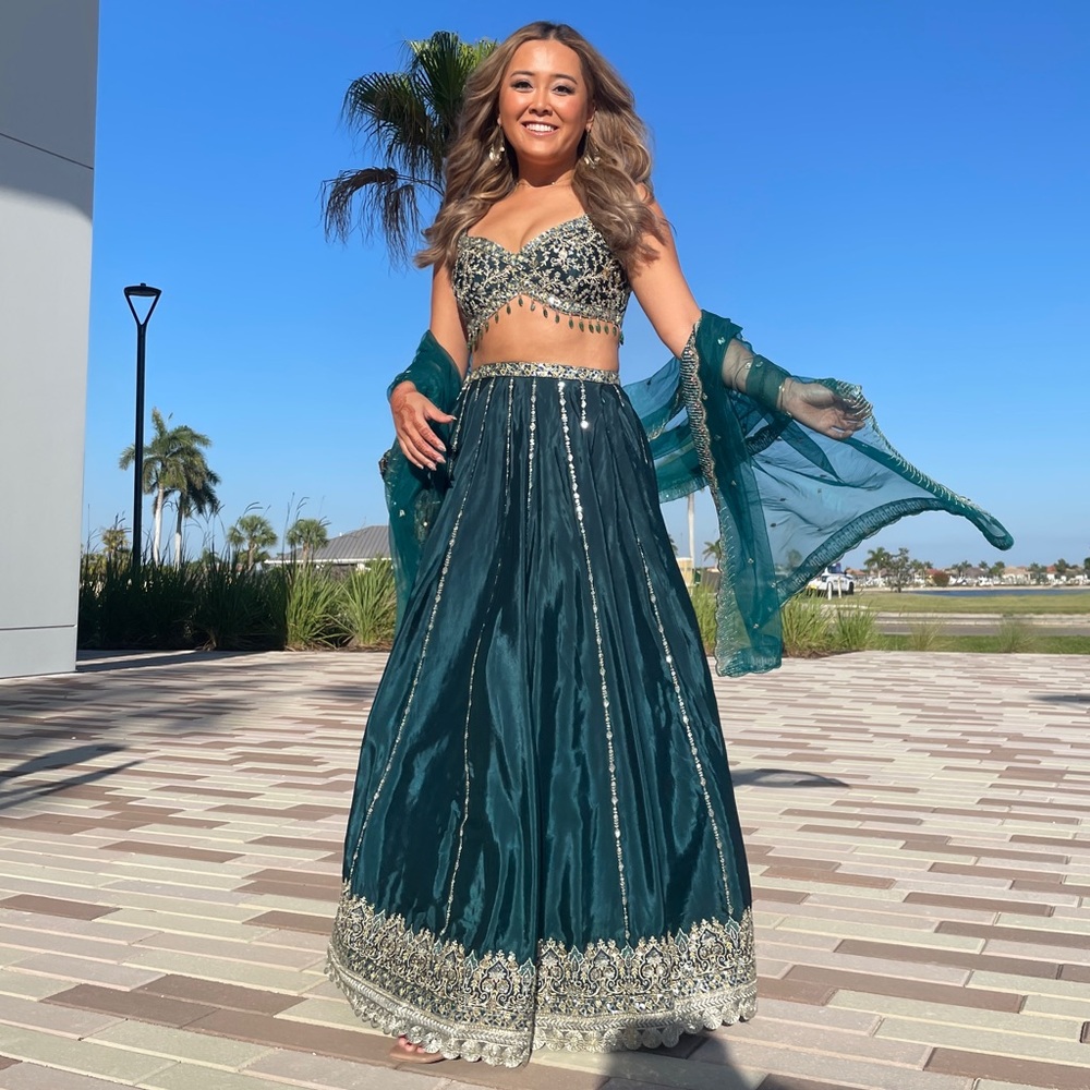 Teal Green Embroidered Lehenga - Lashkaraa